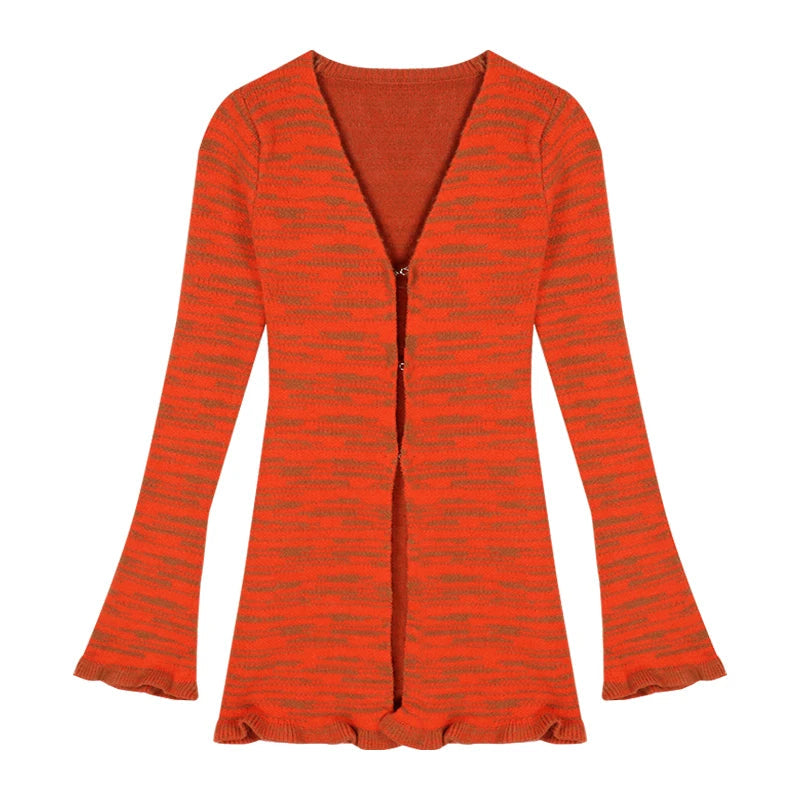 Y2k Orange Striped Suit Fungus Edge Longsleeved Knitted Cardigan Autumn Short Skirt 2piece Set