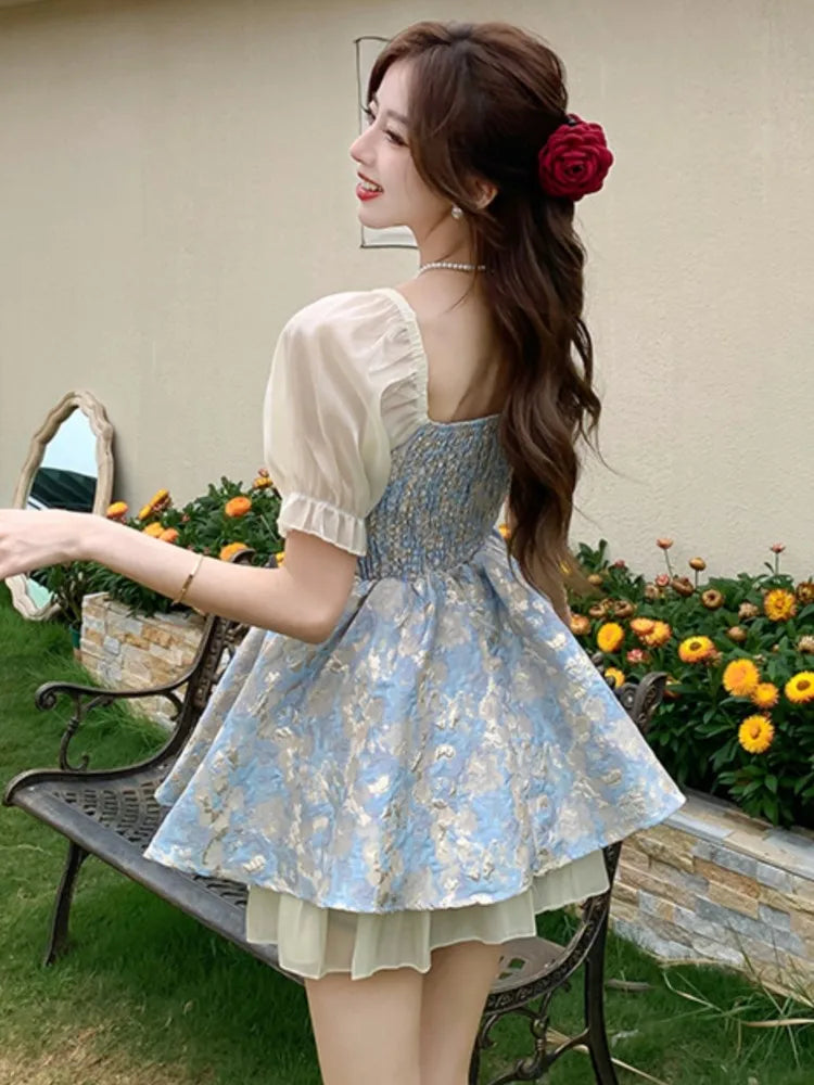 French Sweet Mini Dress for Bow Short Sleeves Laceup Princess Birthday Party Short Dresses Aline Vestidos
