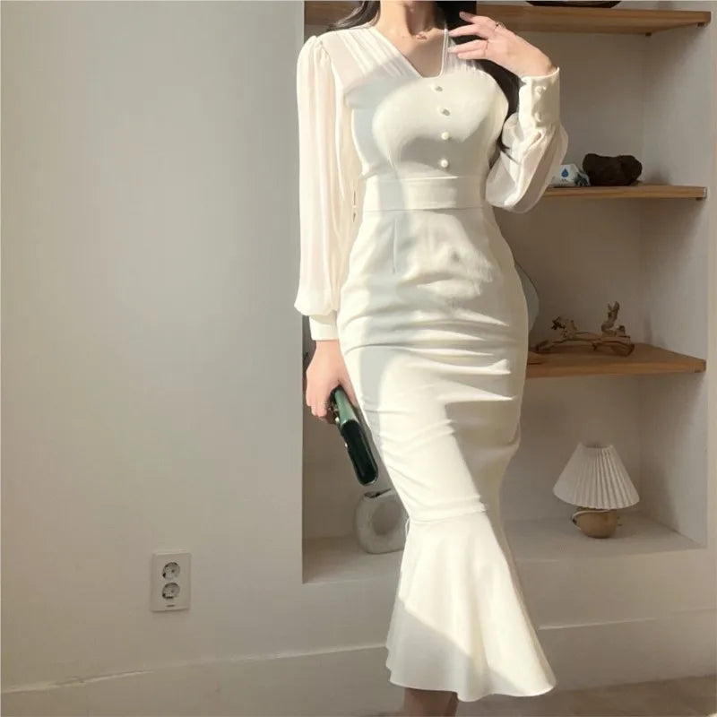 Korean Bodycon Midi Dresses for Mesh Patchwork Long Sleeve Fishtail Office Lady Mermaid Party Dress Slim Mermaid