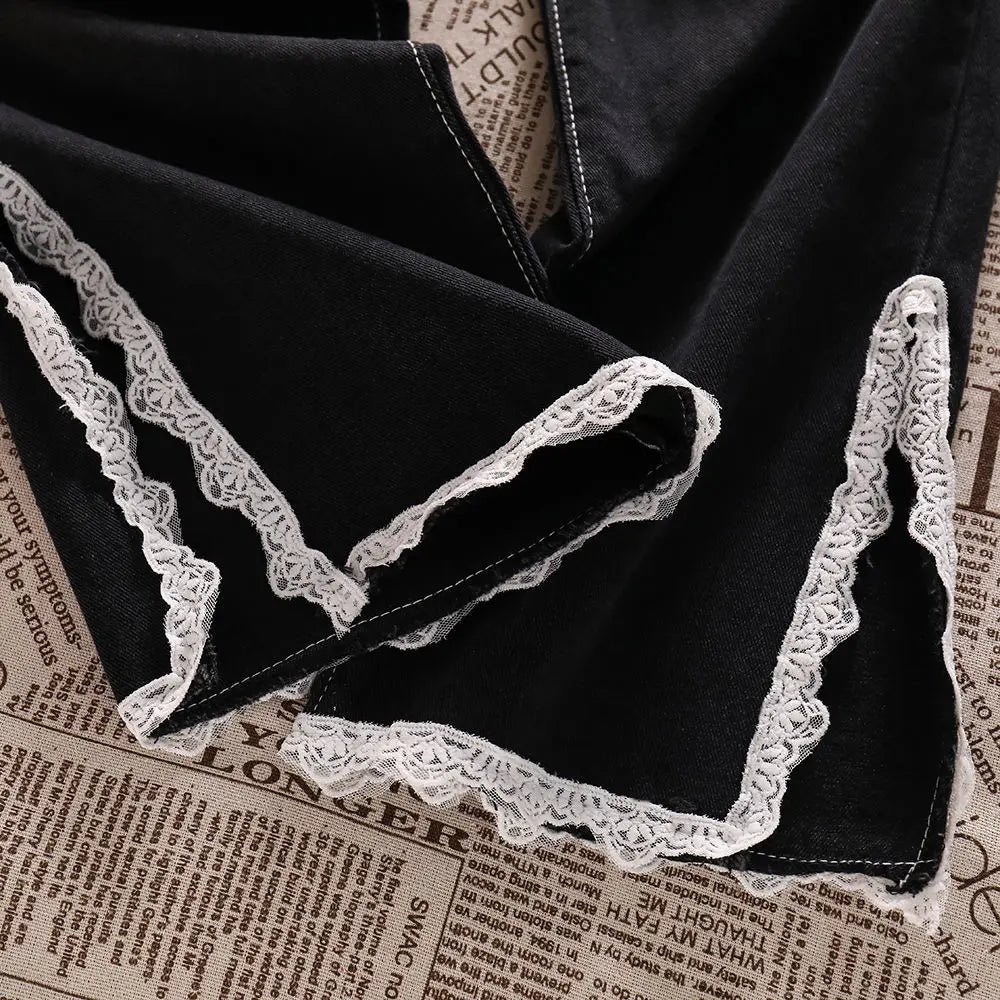 Korean Lace Slit Jeans Pants High Waist Oversize Wide Leg Trousers New Ins All Match Denim