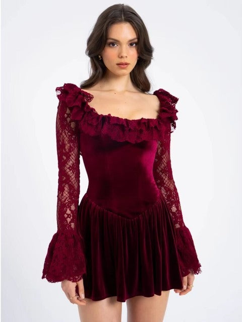 Julissa Mo Patchwork Flare Sleeve Lace Mini Dress See Through High Waist Dress Female Winter New Party Outfit