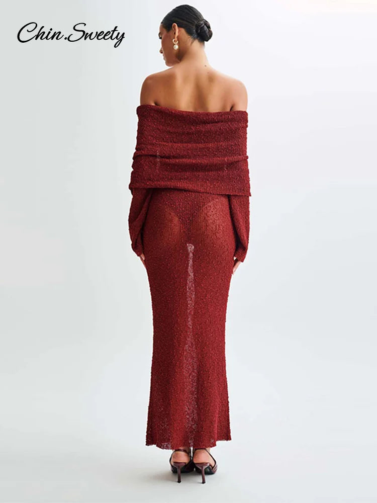 Beach Knitted Off the Shoulder Long Dress Slim Flare Sleeve Hollow Out Maxi Dresses Summer Lady Hip Package Robes