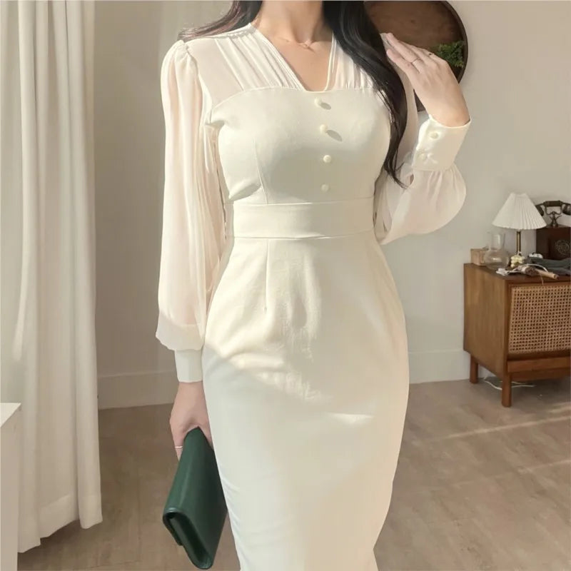 Korean Bodycon Midi Dresses for Mesh Patchwork Long Sleeve Fishtail Office Lady Mermaid Party Dress Slim Mermaid