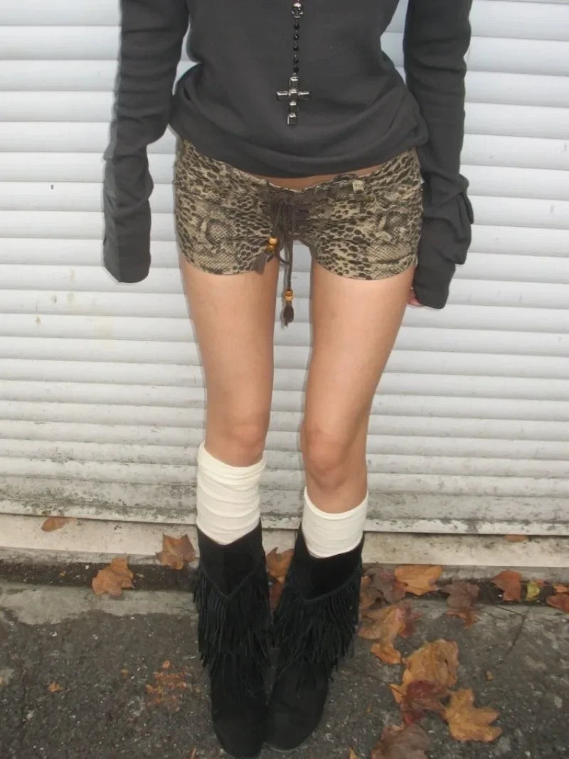 2000s Y2k Pants Lowwaisted Lace Up Ropa Mujer Summer New Aline Wide Leg American Washed Leopard Print Shorts