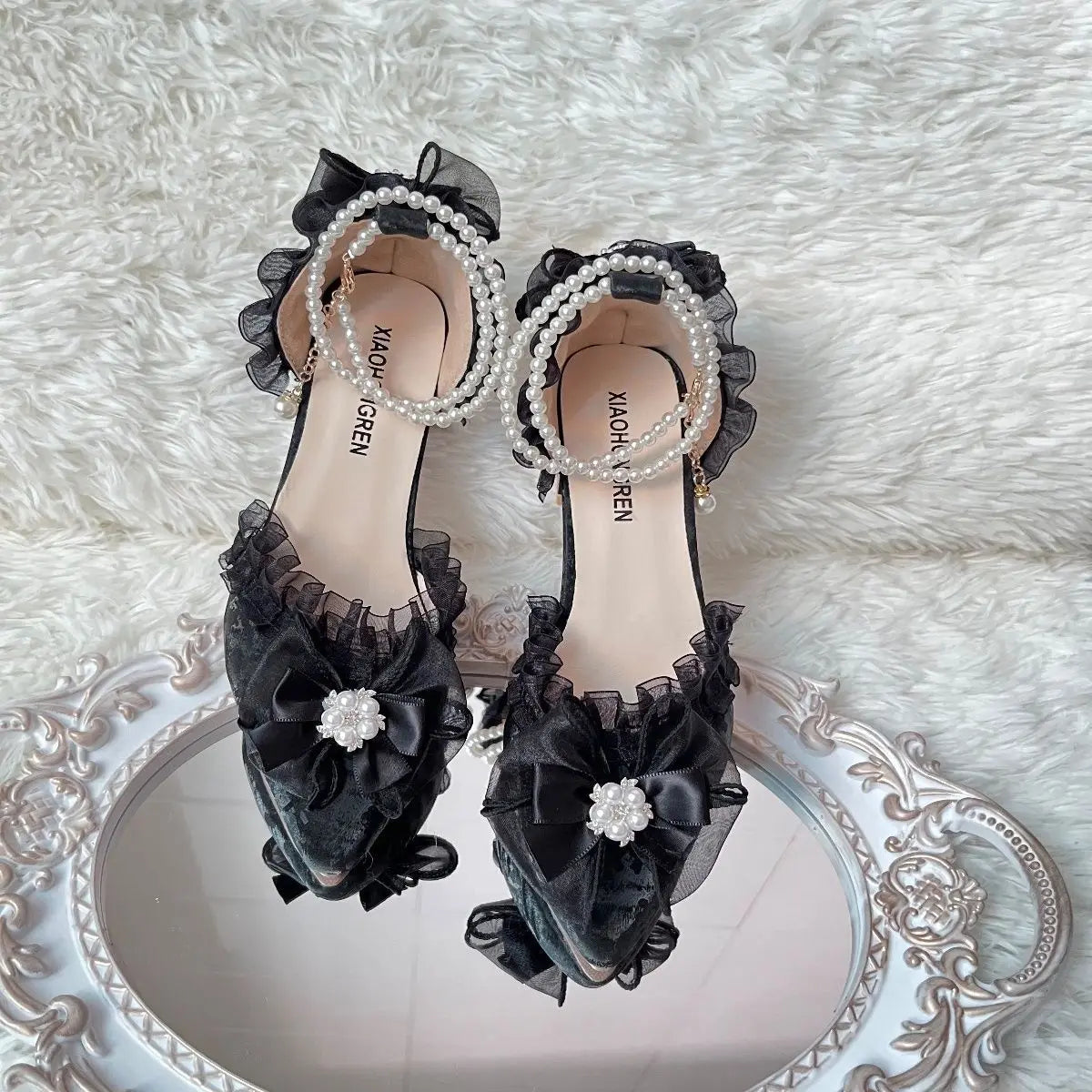 Lolita Sweet High Heel for Bow Slingback Shoes Wedding Shoes Bride Chunky Heel Shoes
