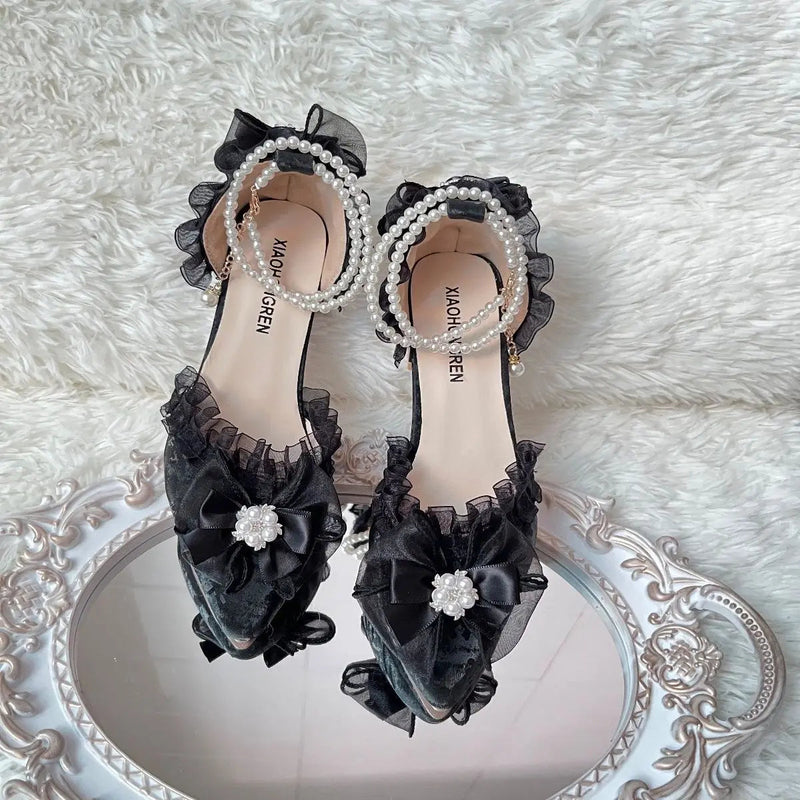 Lolita Sweet High Heel for Bow Slingback Shoes Wedding Shoes Bride Chunky Heel Shoes