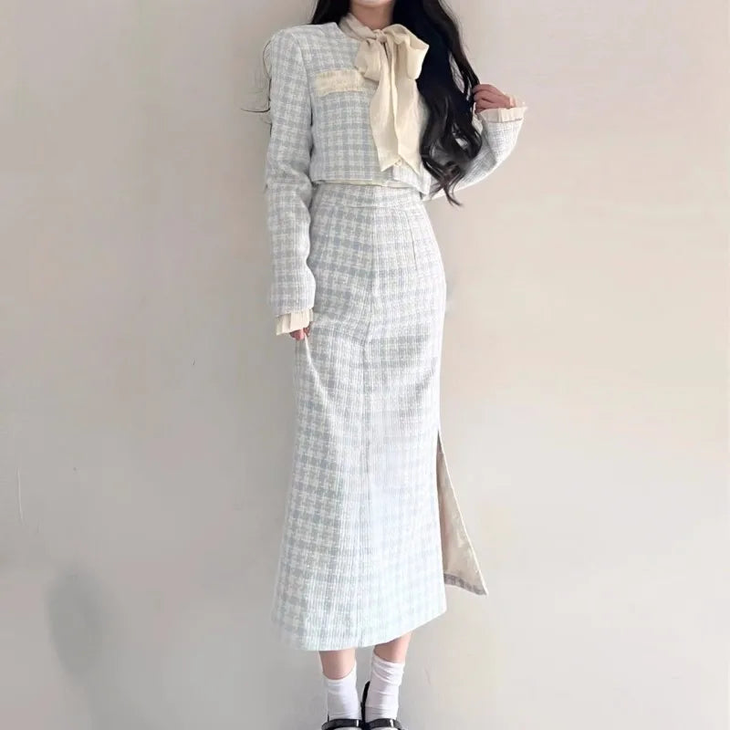 Korean Two-piece Skirt Sets Crop Jacket Coat Bodycon Midi Skirt Autumn Winter New Female Outfits