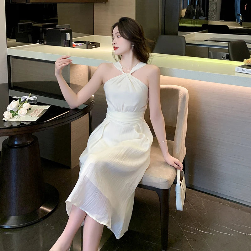 Beige Chiffon Dress Female Summer Slim Slim Thin Temperament French Senior Sense of Beach Hanging Neck Long Dress