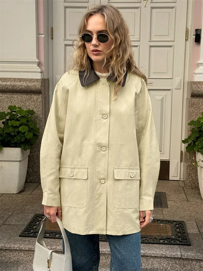 Pocket Trench Outwear for Patchwork Autumn Cardigan Lapel Loose High Waist Coat ’s Overcoat New