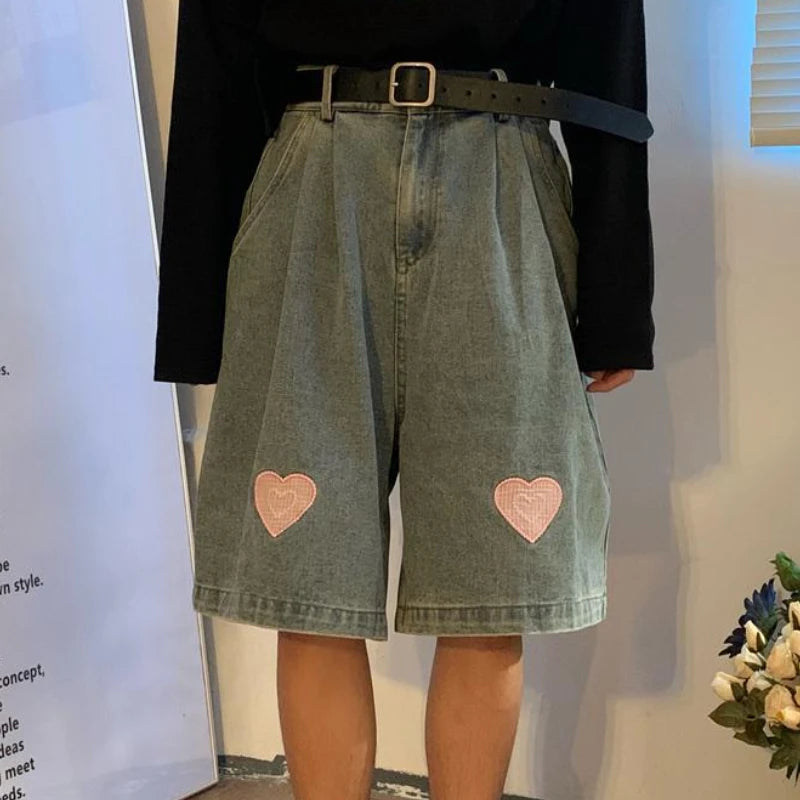 Print Washed Wide Leg Denim Pants Couple Oversized Cropped Baggy Jeans 2000s Y2k Shorts
