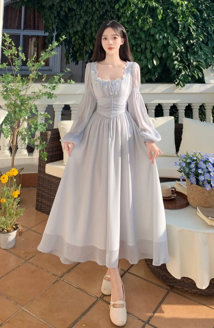 French Princess Evening Party Midi Dresses for Springtime Slim Bandage Long Sleeve Vestidos Korean Summer Clothes