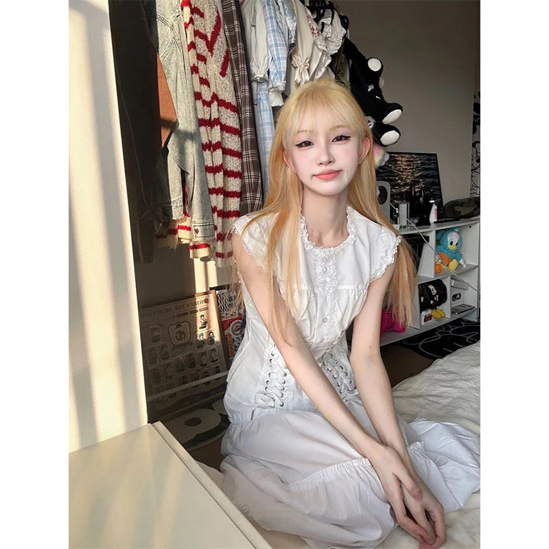 Y2k Cropped White Shirts Japanese Kawaii Bandage Blouses Summer Harajuku Aesthetic Single Breasted Slim Design Tops