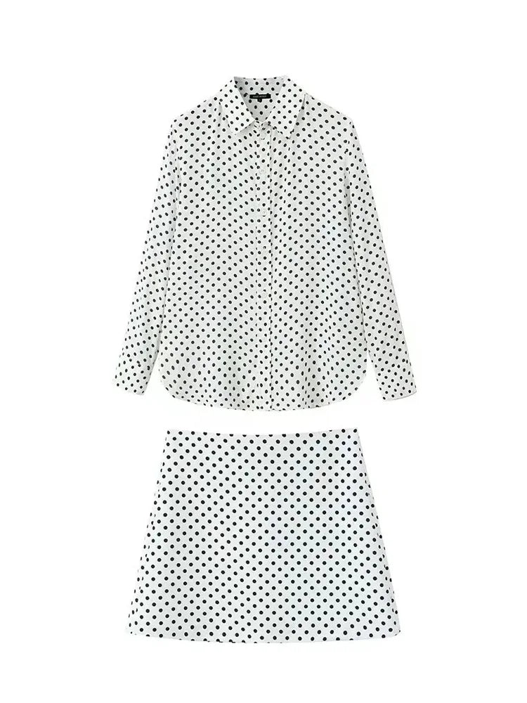 2 Piece Set Dot Printed Singlebreasted Lapel Loose Shirt Top Blouse Female Mini Pencil Skirts