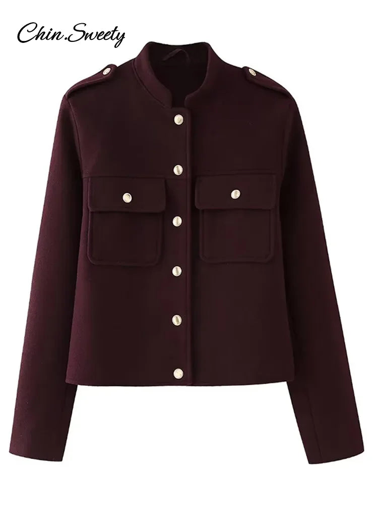 Burgundy Color Woolen Jacket for Stand Collar Single Breasted Pocket Thick Short Coat Autumn Lady Commute Outwear New