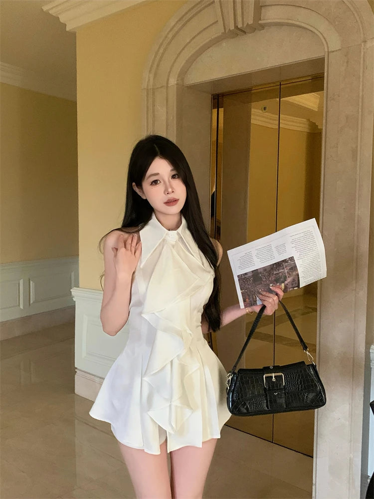 White Ruffle Edge Polo Neck Sleeveless Shirt Top Summer French Style Mid Length Waist Slim Blouses Clothing