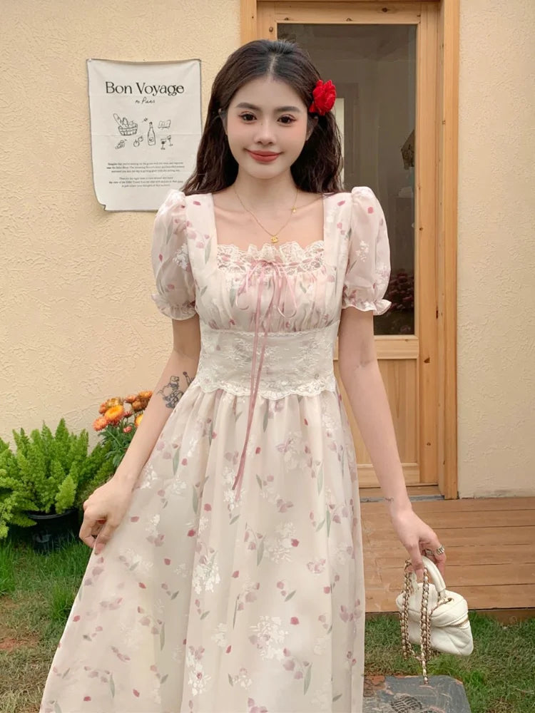 Summer French Chiffon Lace Dress Square Neck Waist Slim Shortsleeved Dress Bandage Midlength Dresses