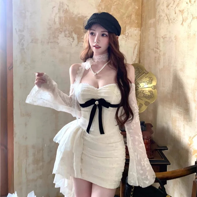 Y2k Lace Mini Dresses for Slash Neck Flare Sleeve A-line Ruffles Birthday Party Short Train Dress Korean Vestidos