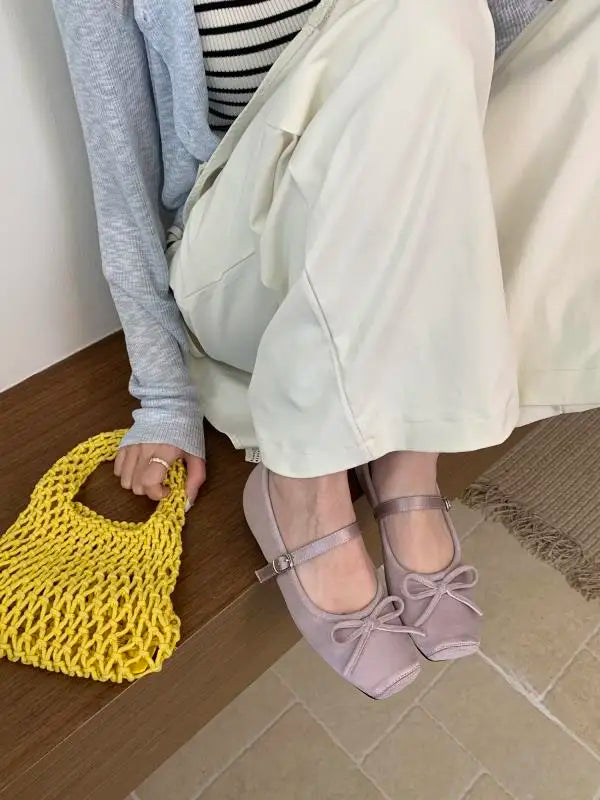 Woman Shallow Mouth Grandma Shoes Female Footwear Soft Bowknot Square Toe Ballet Dress Butterfly New