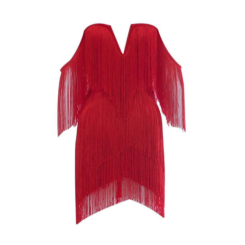 New Tassel Bandage Dress V Neck Off Shoulder Bodycon Nightclub Celebrity Female Party Mini Dresses