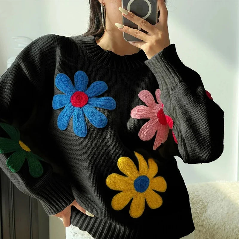 Autumn Knitted Sweater Sweet Flower Loose Long Sleeve O-neck Female Pullovers New Loose Tops