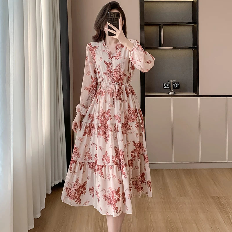 French V Neck Flower Print Chiffon Midi Dress New Spring Long Sleeve Drawstring Waist Holiday Sweet Dress