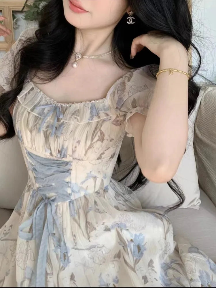 Summer Print Midi Dress Aline Party Prom Vestidos Female French Style Robe Vestidos
