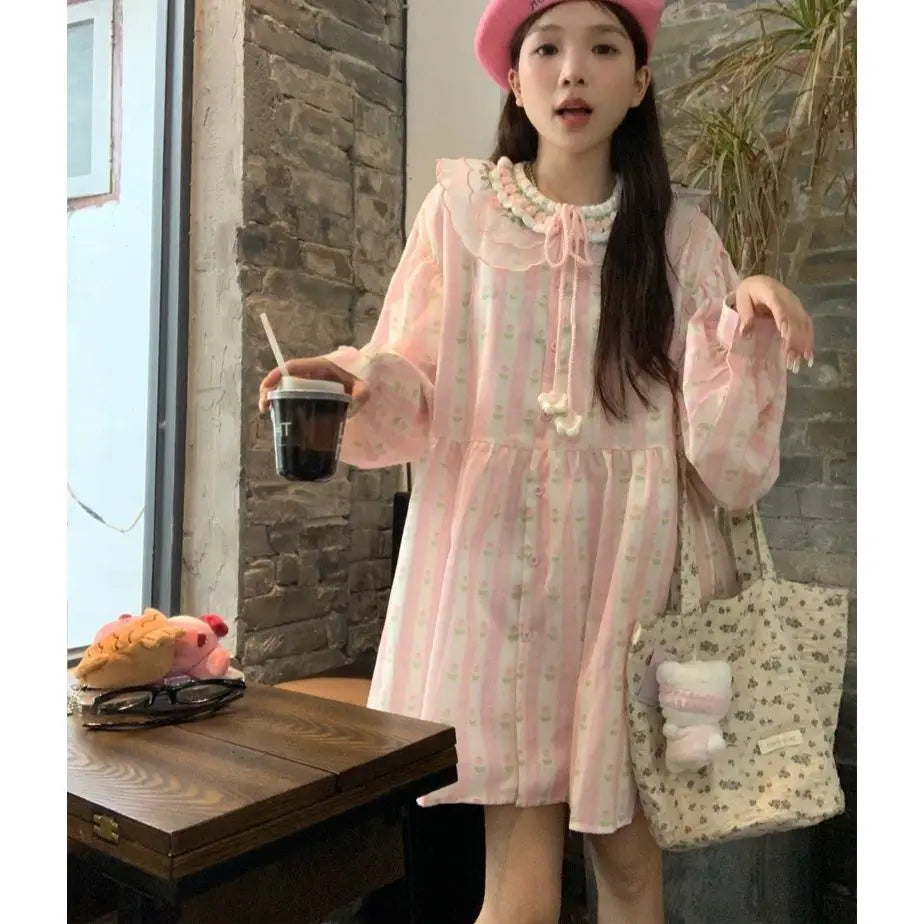 Sweet 3d Hook Flower Stripe Pink Dress Summer New Embroidered Girl Doll Neck Loose Aline Midi Dress for