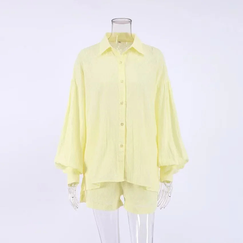 New Beach Shirt Shorts Twopiece Set Summer Tracksuit Female Loose Long Sleeve Top Suit Lounge Wear Homewear