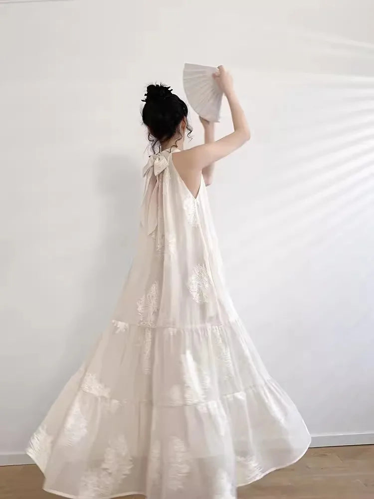 French Apricot Embroidery Printed Dress Spring Summer Sleeveless Hanging Neck Aline Dress Midi Dresses
