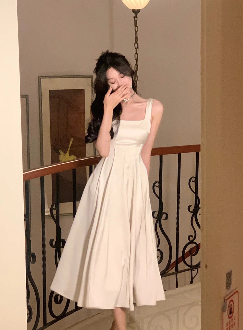 Satin Midi Dresses for Summer New Korean Vestido Wedding Evening Party Prom Clothes Female Robe
