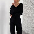 Knit Vneck Pullover 2 Pieceset for Patchwork Sweater and High Waist Drawstring Pants Sets Outfits