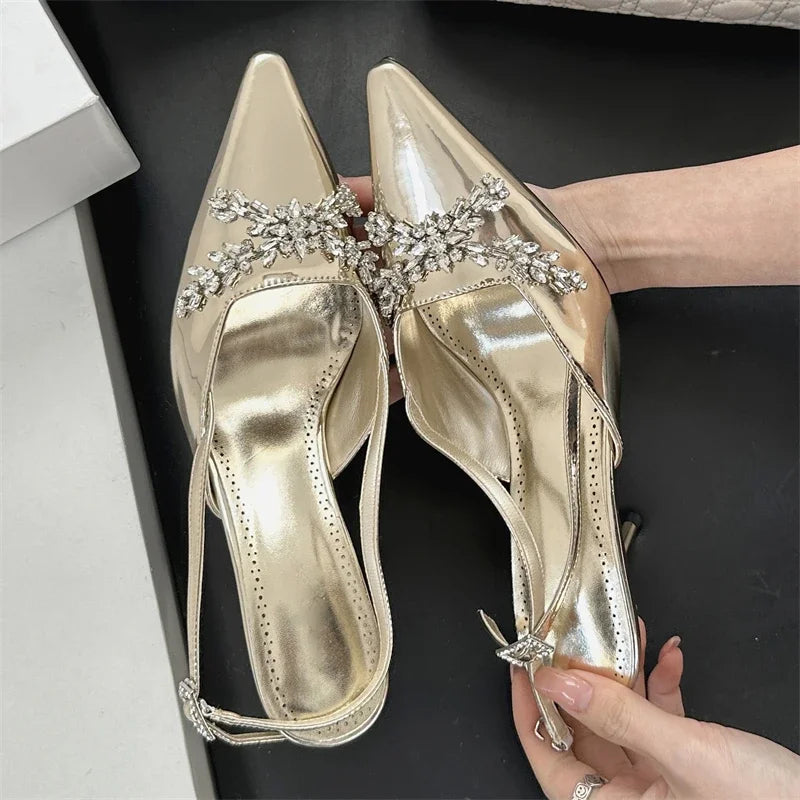 Design Crystal Rhinestone Pumps Buckle Strap Banquet Thin High Heels Prom Sandals Mule Shoes Zapatos De Mujer