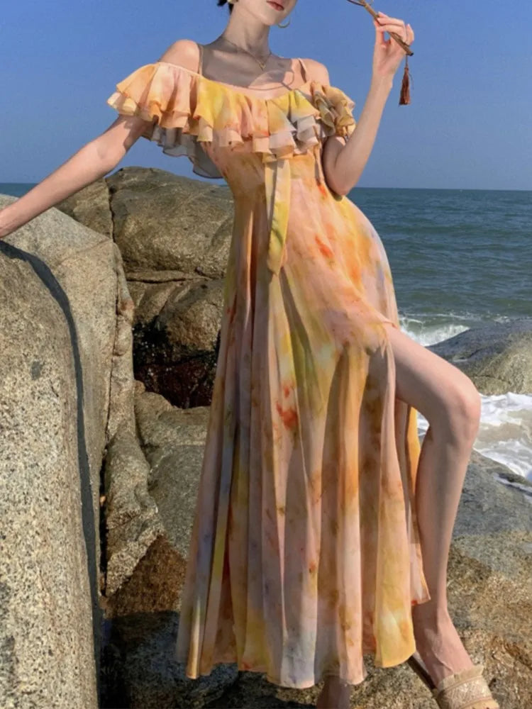 Print Midi Dress Sleeveless Spaghetti Strap Aline Beach Holiday Clothes Female Summer Dresses Vestidos