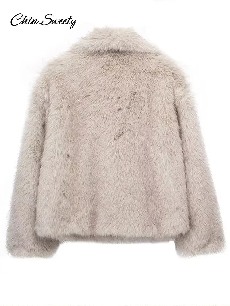 Winter Gradient Faux Fur Coat Big Fur Collar Pockets Loose Jacket Female Lady High Street Overcoats