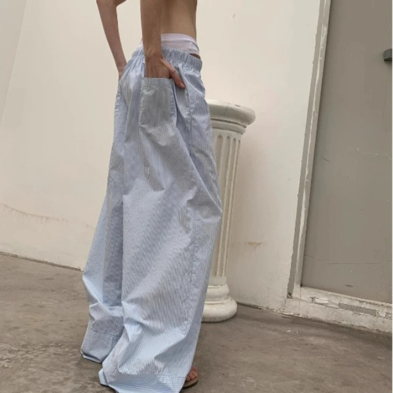 Oversized Y2k Striped Woman's Pants Baggy Harajuku Old Money Basic Trousers Korean Wide Leg Elastic Waist