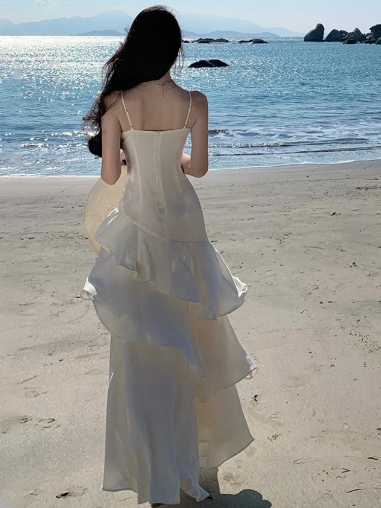 Spring Summer French Spaghetti Strap Long Dresses Female Slim Party Prom Robe One Piece Clothing