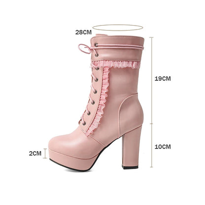 Ruffles Lolita Wedding Boots Chunky Block Square High Heels Lace Up Thick Platform Gothic Shoes Black White Pink