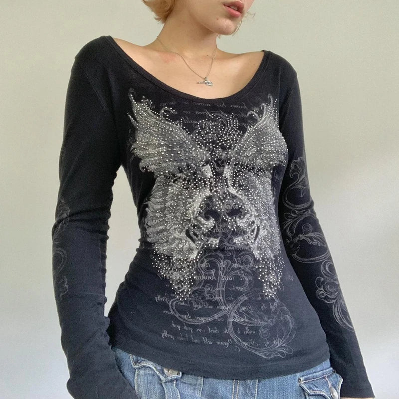 2000s Retro Rhinestone Graphic Print T-shirt Harajuku Grunge Y2k Aesthetics Fairy Crop Top Korean Mall Goth Tees
