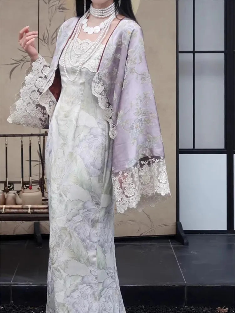 New Chinese Style ’s Two-piece Dress Set Lace Patchwork Cardigan Spaghetti Strap Lace-up Long Dress Female Suit