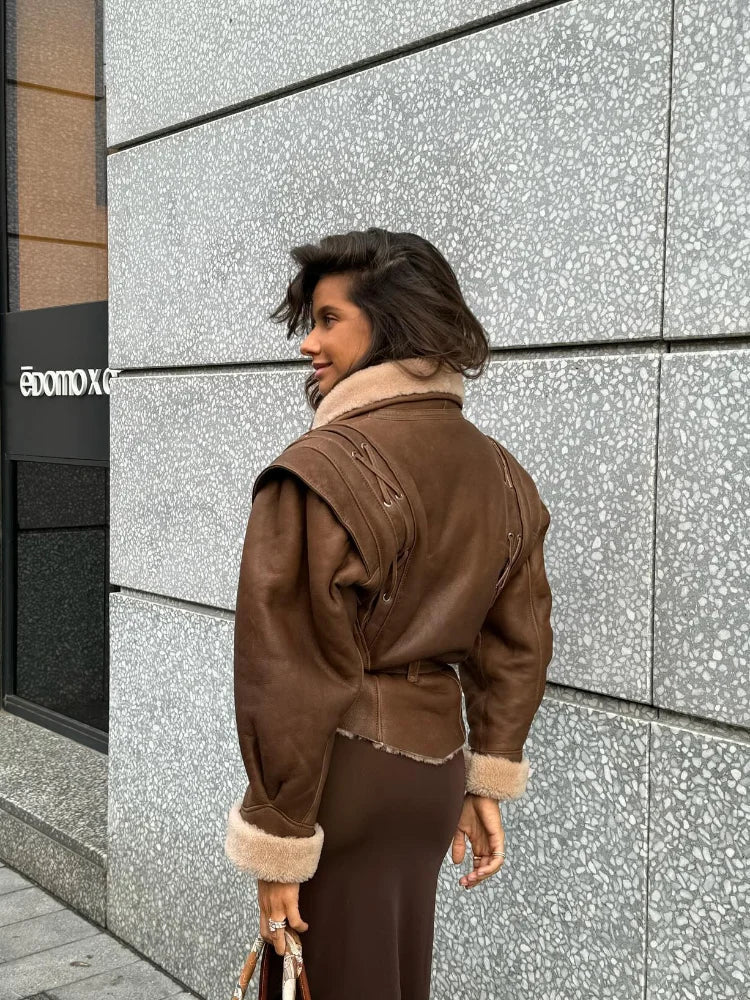 Warm Furry Leather Woman Jacket With Belt Lapel Long Sleeve Motorcycle Coat Lady Winter High Street Outerwear