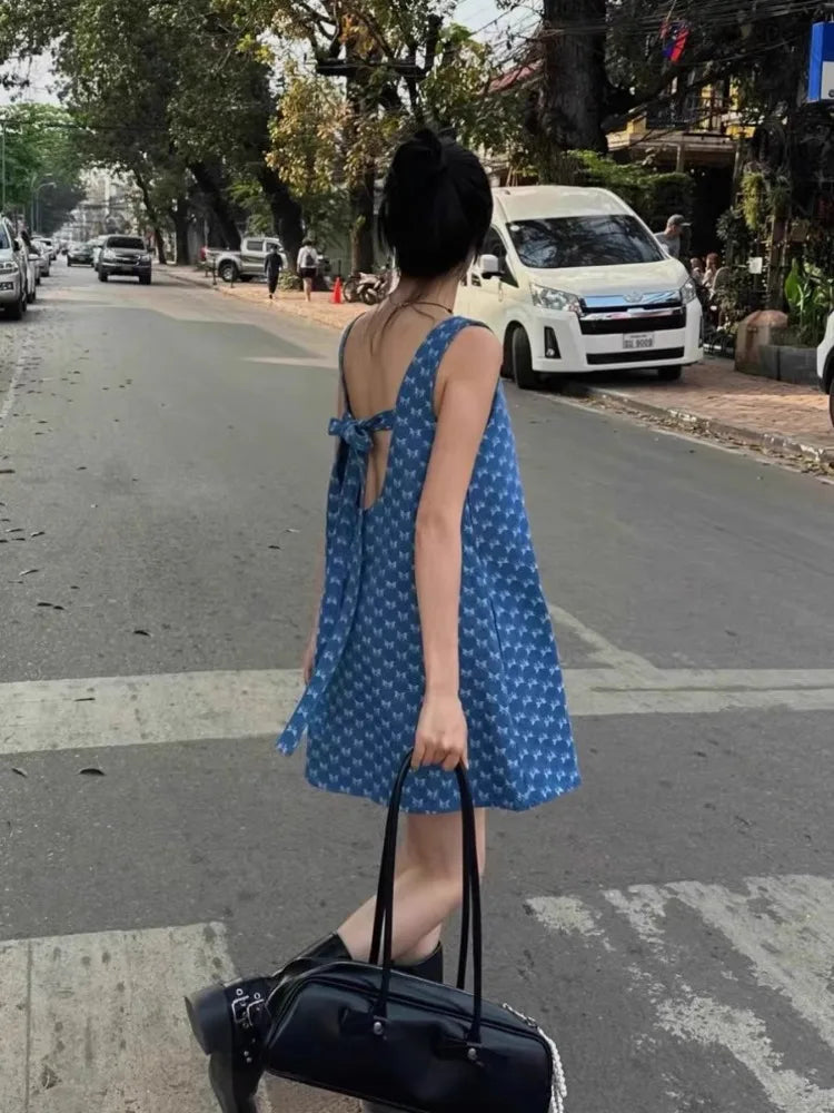 Vestidos South Korea Dresses Summer New Age Reduction Bow Design Slim Halter Dress Cowboy Suspenders Skirt