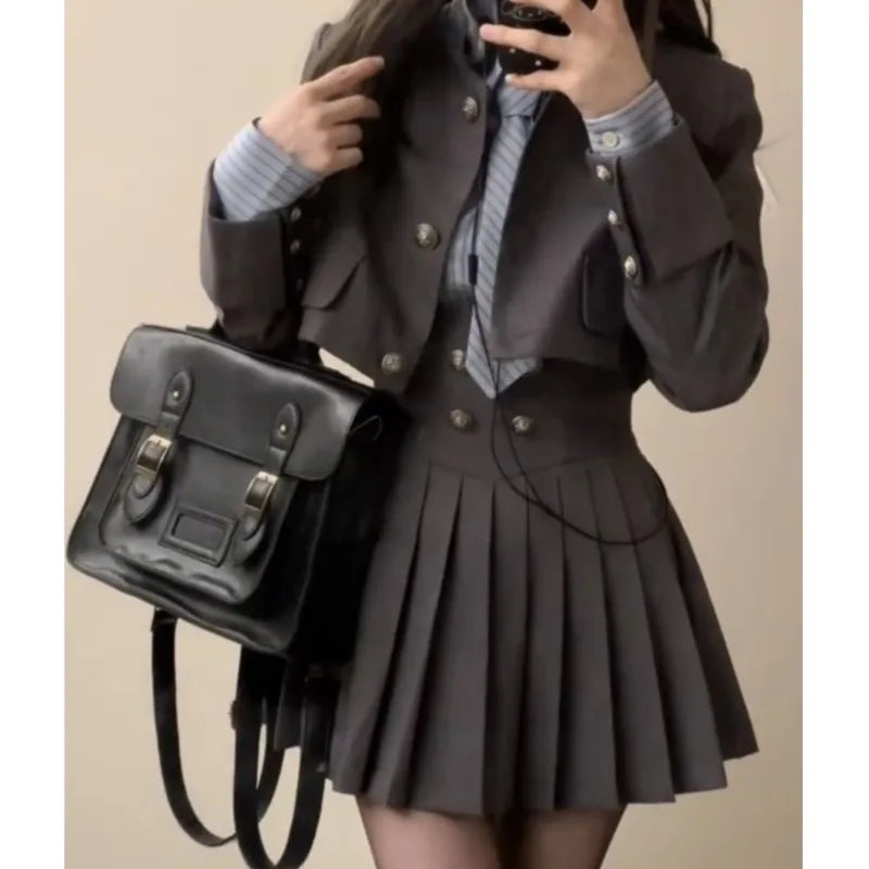 Autumn New 3 Piece Set Kawaii Skirt Suits Female Short Coat Pleated Mini Skirt Striped Shirt Y2k Korean Outfits