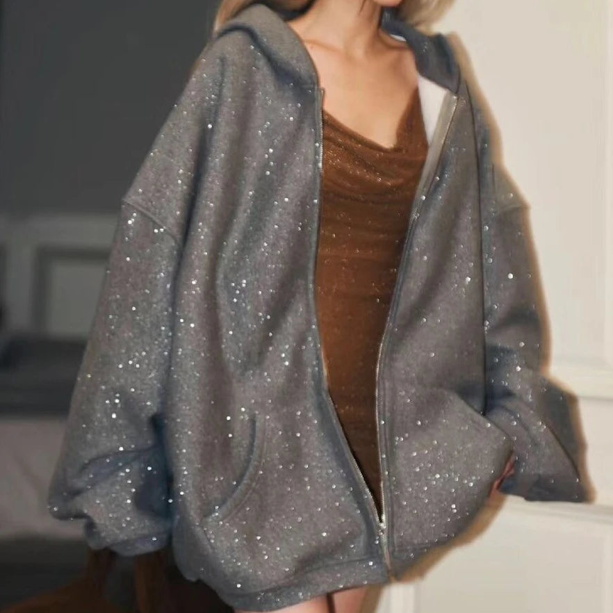 Embellished Hoodies Gray Starry Sweatshirts Oversize Bright Zip Coat Gentle Versatile Cardigan