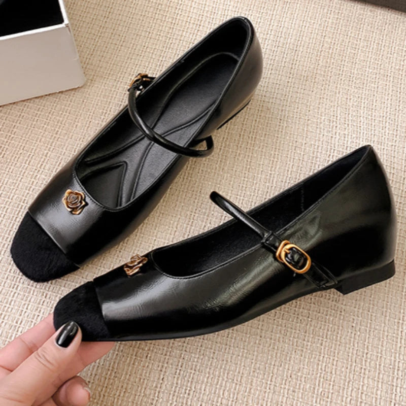 Simple Flower Mary Jane Shoes Spring New Round Head One Strap Metal Buckle Office Square Heel Flat Shoes