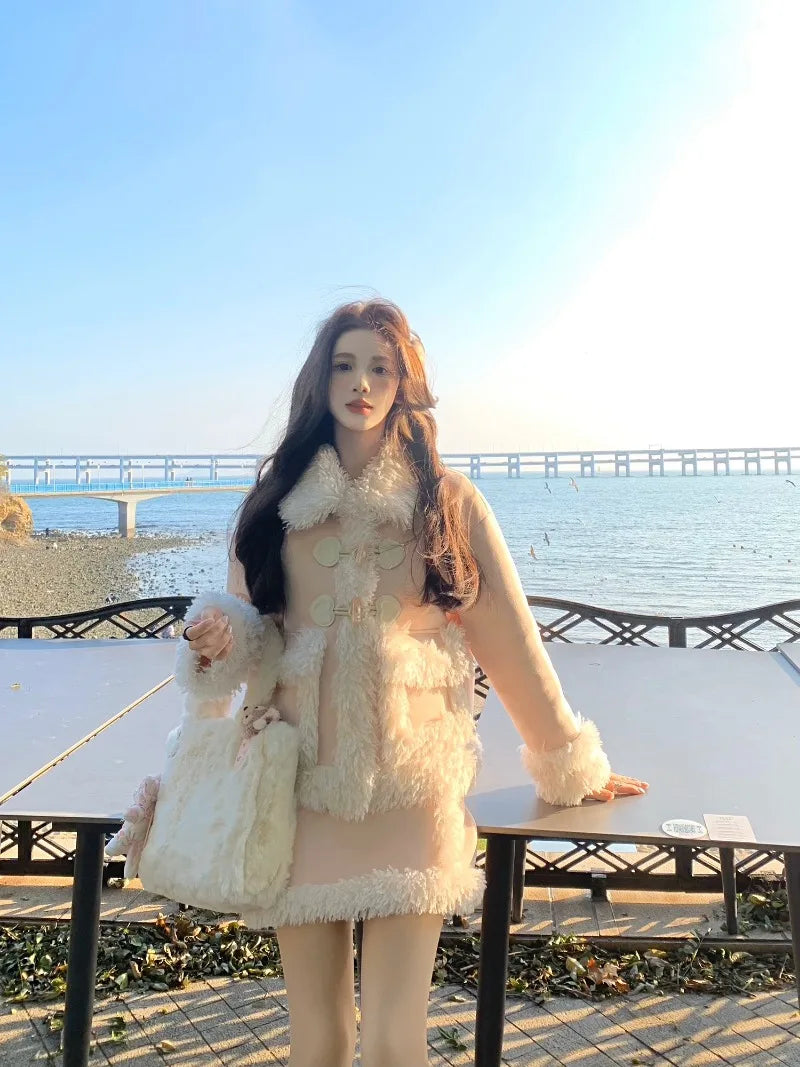Sweet Hot Girl Suit Autumn/winter Lamb Wool Suede Coat Highwaisted Mini Skirt Twopiece Set Female Clothes
