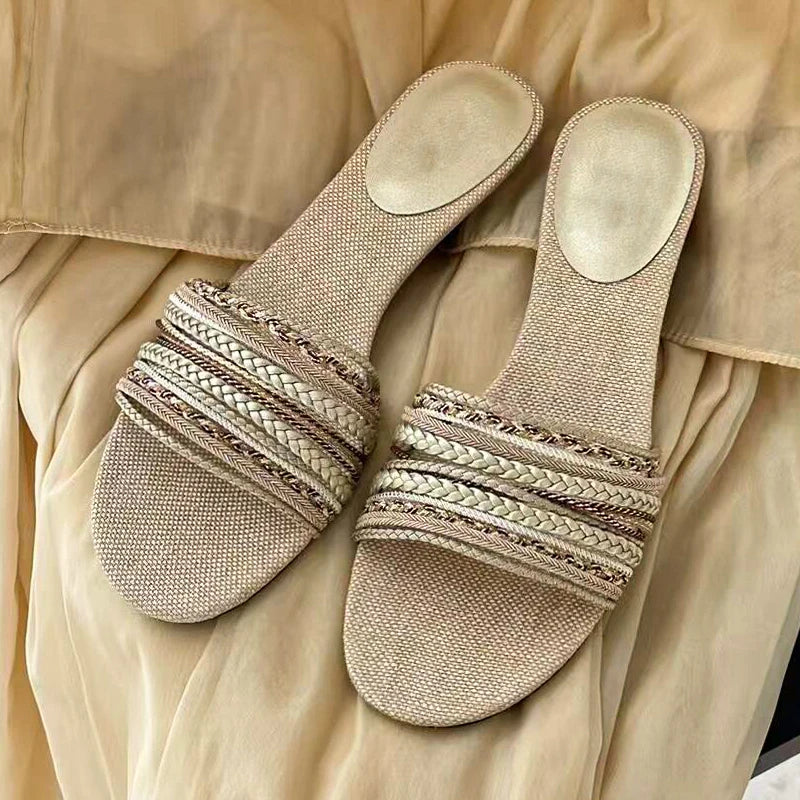 Designer Summer Low Heel Weave Slippers Open Toe Dress Slides Outdoor Gladiator Shoes