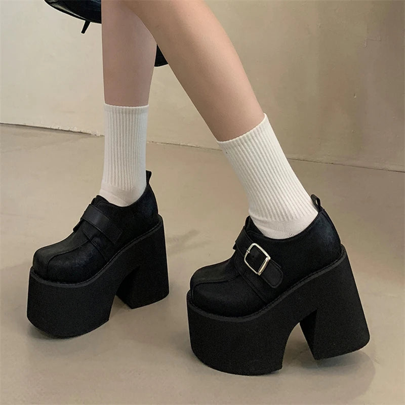 Chunky Platform Buckle Strap Pumps Street Style Round Toe Very Square High Heels Stripper Club Female Shoes