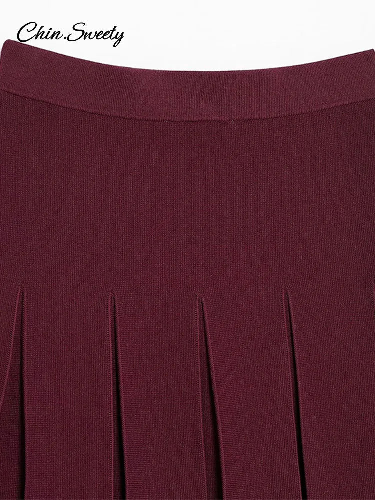 _ Skirts 2 Piece Set Burgundy Knitted Lapel Long Sleeve Button Cardigans Pleat High Waist A-line Skirt Lady Outfits