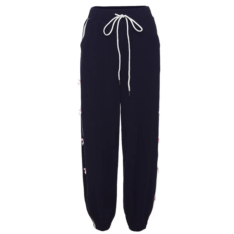 Side Striped Bow Drawstring Sweatpants High Waist Baggy Pants for Y2k