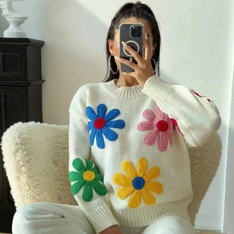 Autumn Knitted Sweater Sweet Flower Loose Long Sleeve O-neck Female Pullovers New Loose Tops